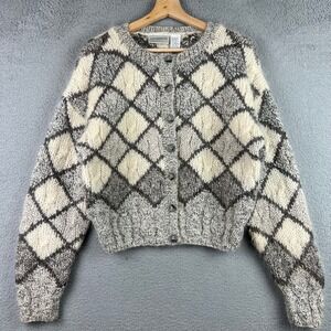 Liz Claiborne Collection Argyle Mohair Wool Blend Hand Knit Cardigan Grey Small